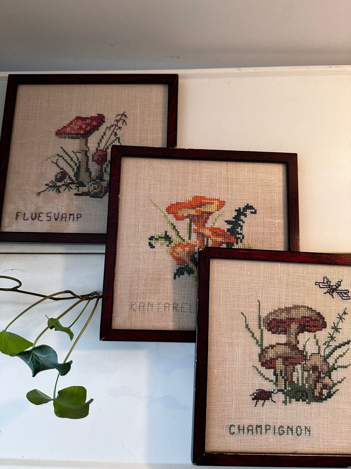 3 geborduurde herfst paddenstoelen in lijstje