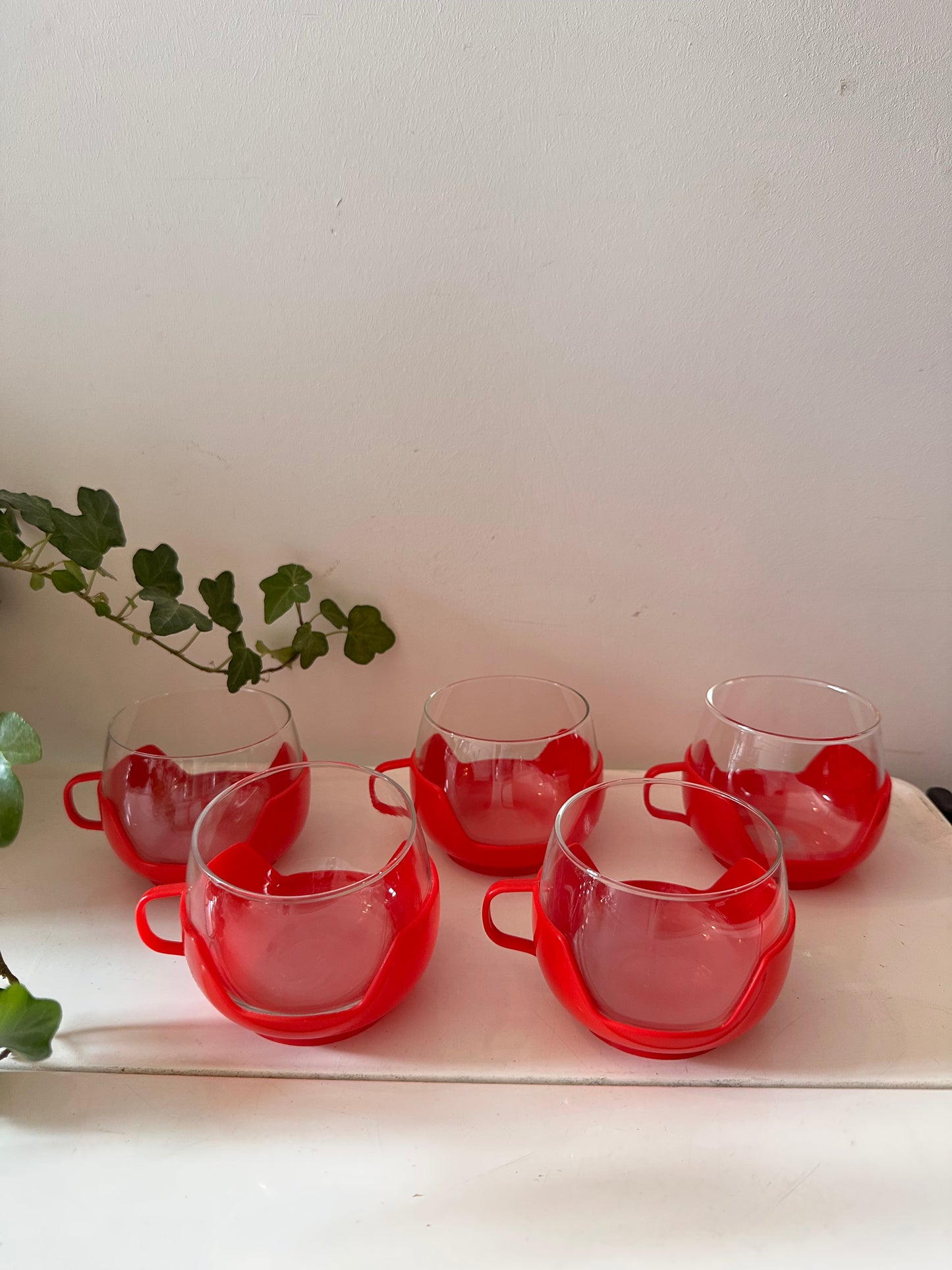 Set van 5 retro theeglazen in rode houder