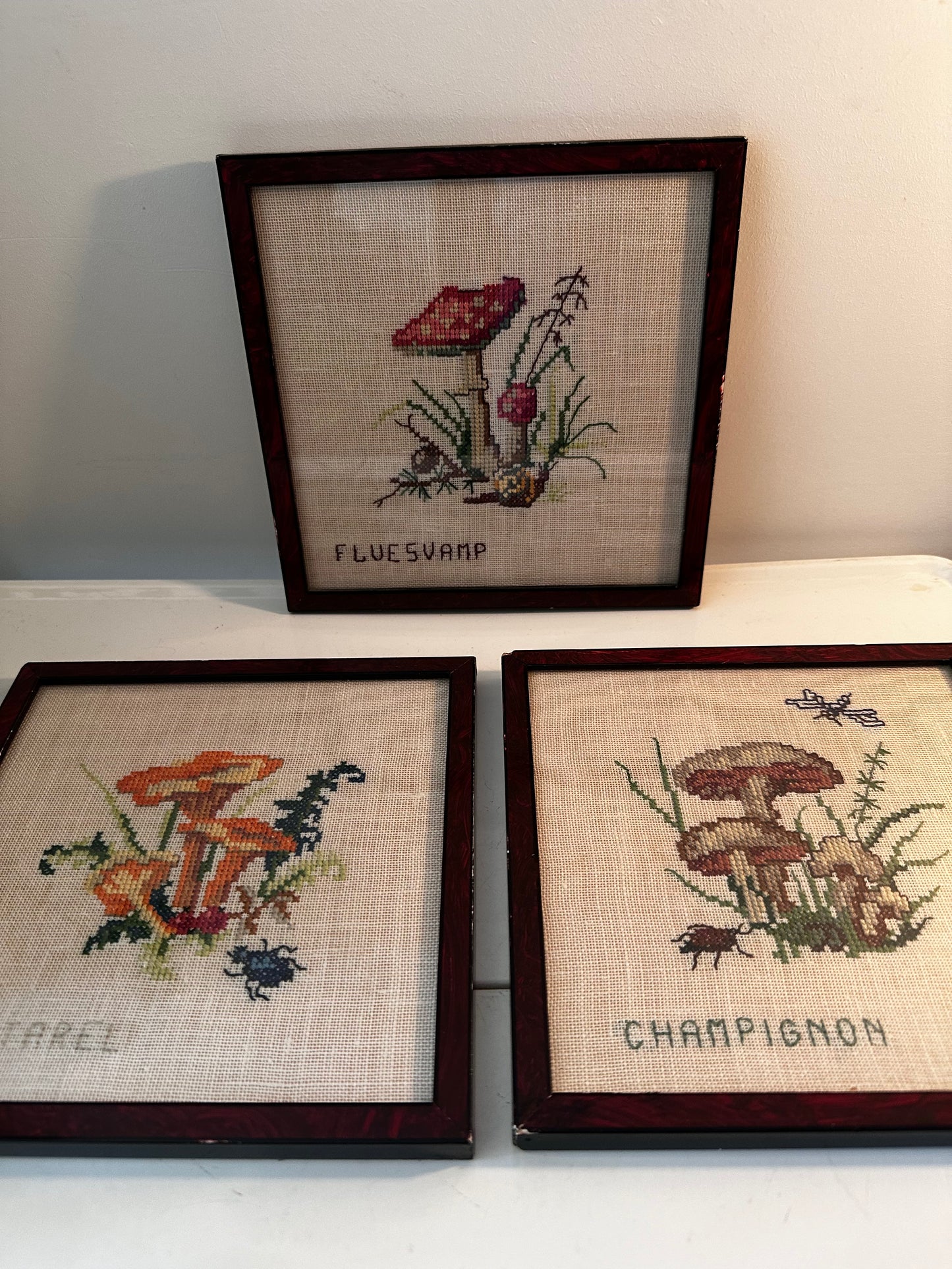 3 geborduurde herfst paddenstoelen in lijstje