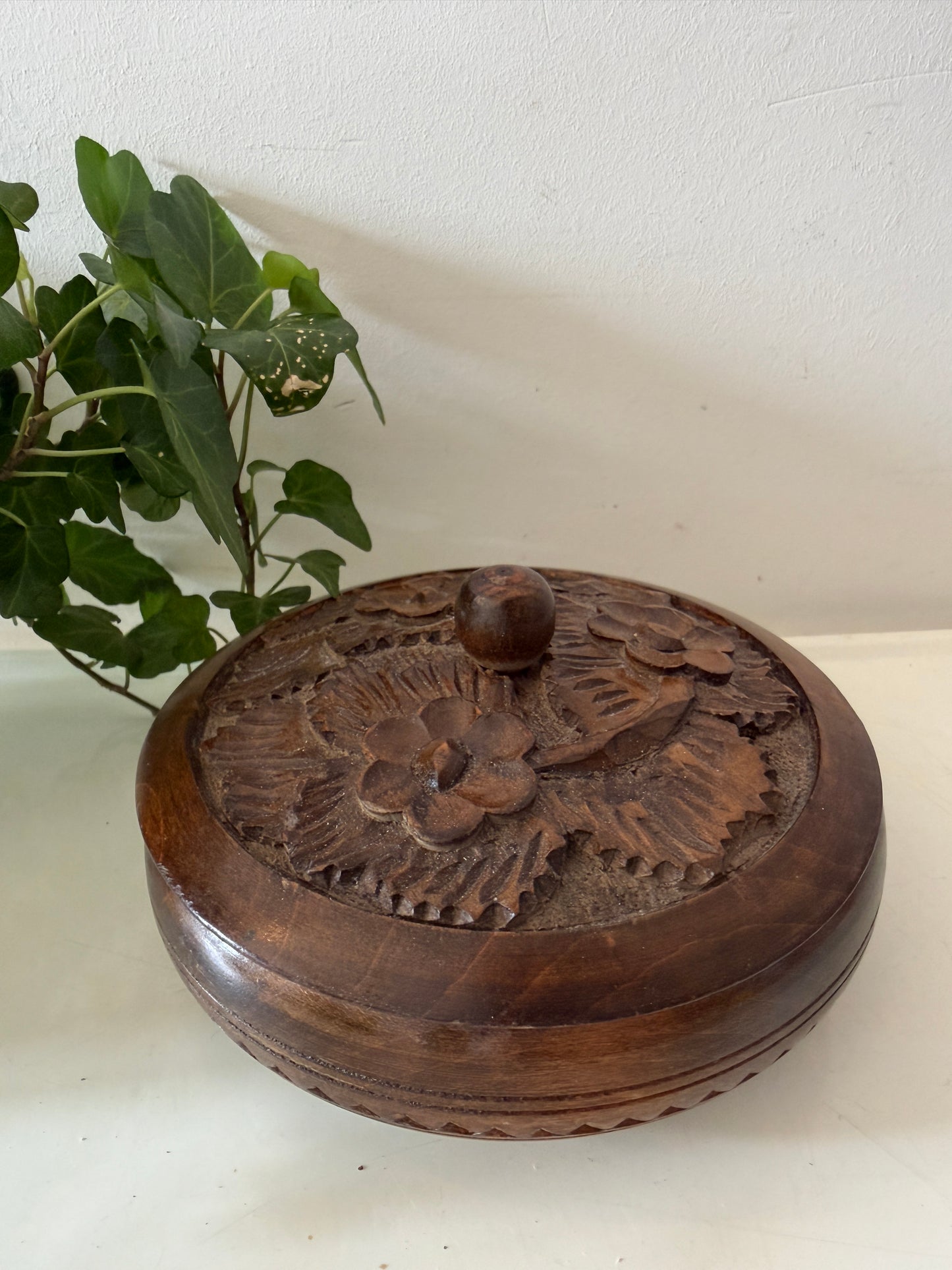 Houten vintage bewaardoosje rond