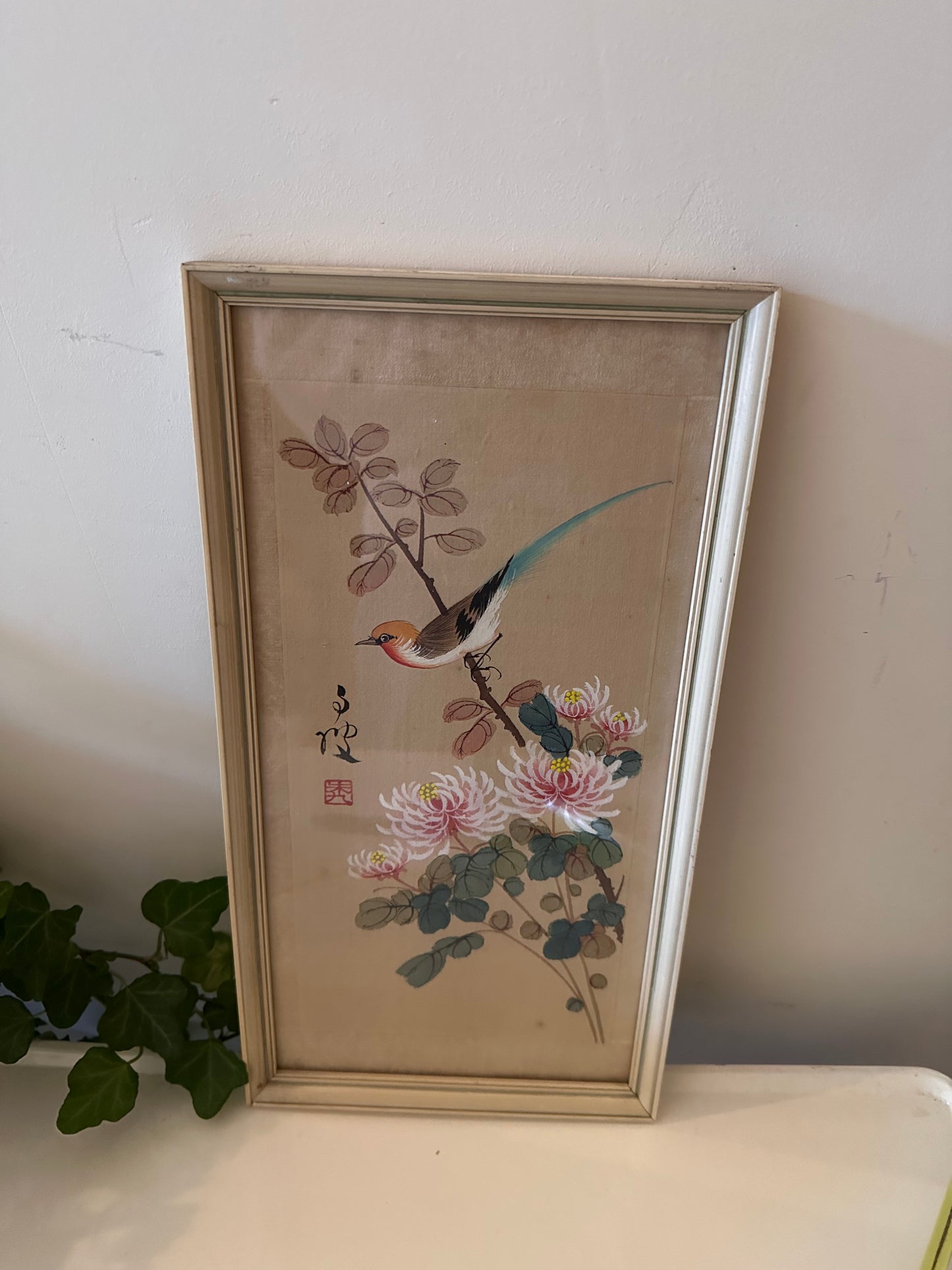 Japans schilderijtje met vogel en bloemen