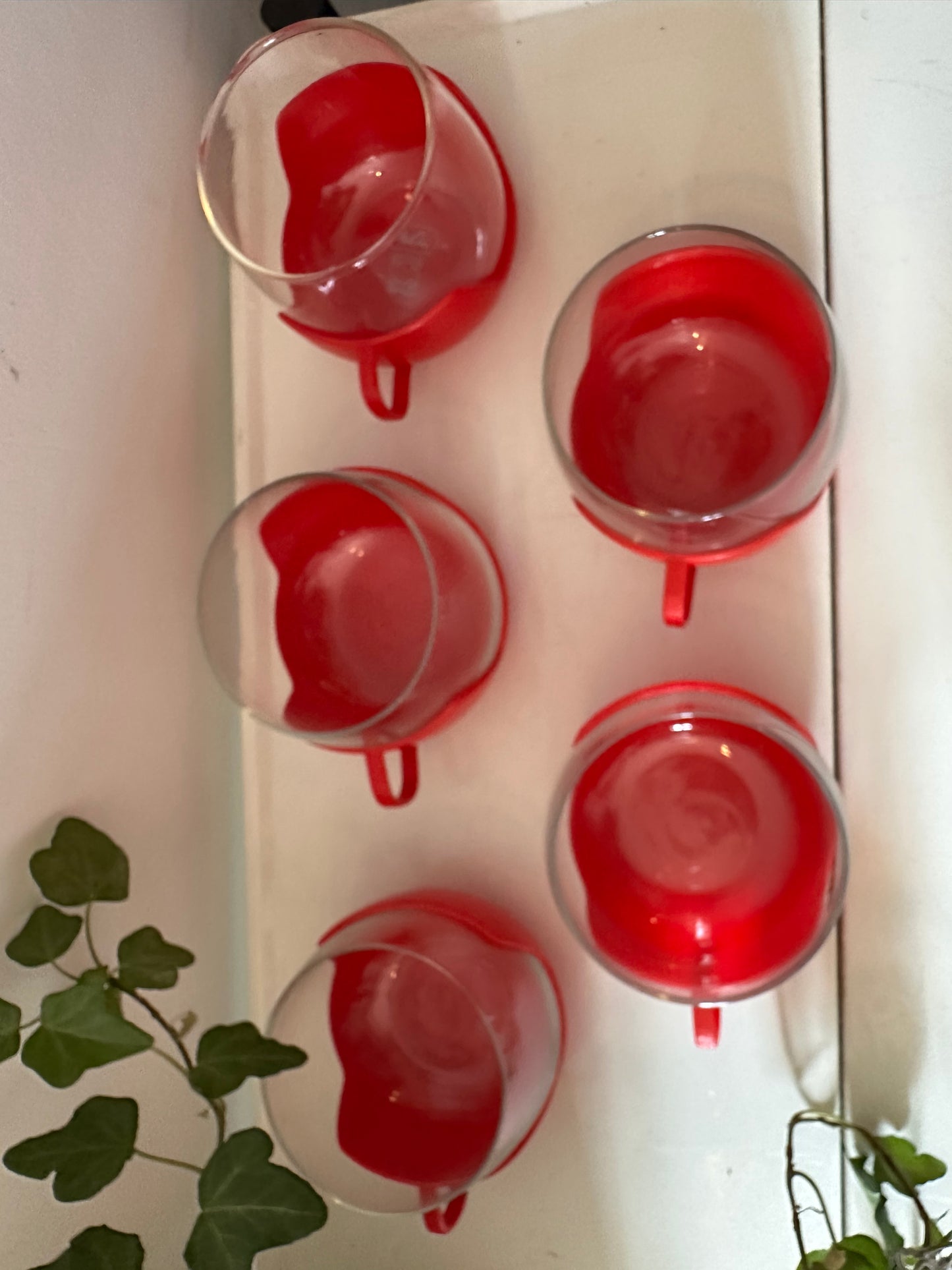 Set van 5 retro theeglazen in rode houder