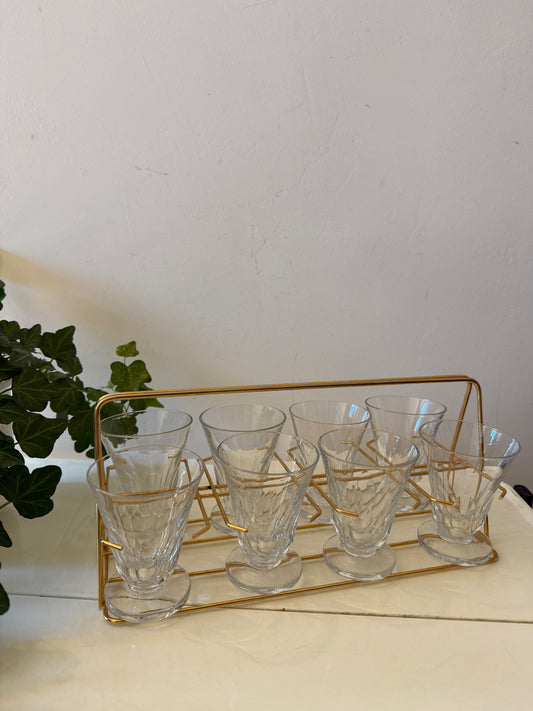 Set van 8 waterglazen in messing houder jaren 50