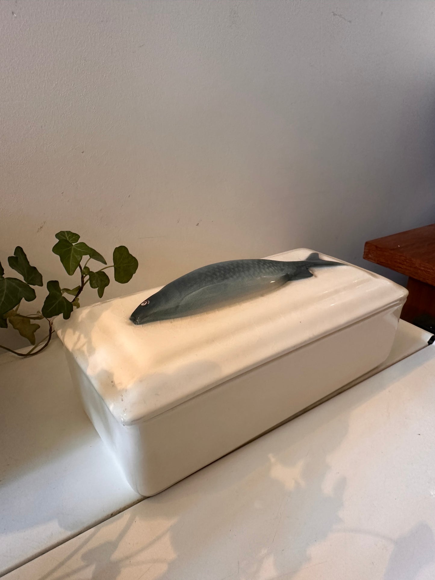 Porseleinen terrine met vis op de deksel