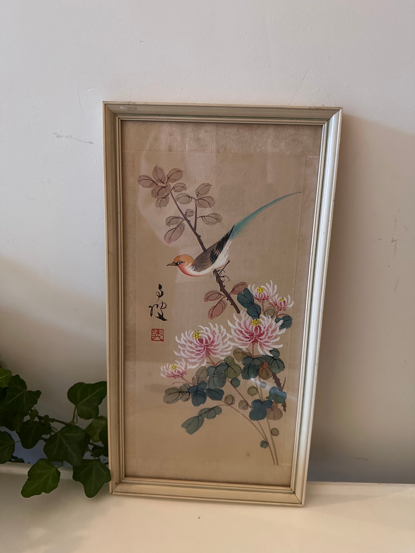 Japans schilderijtje met vogel en bloemen