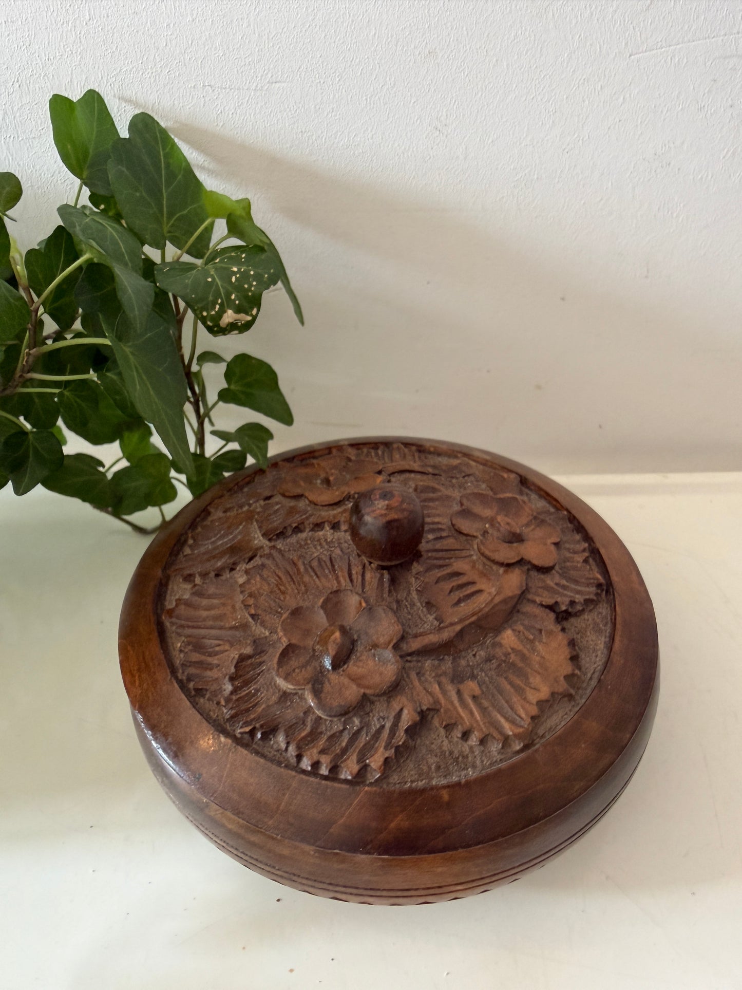 Houten vintage bewaardoosje rond