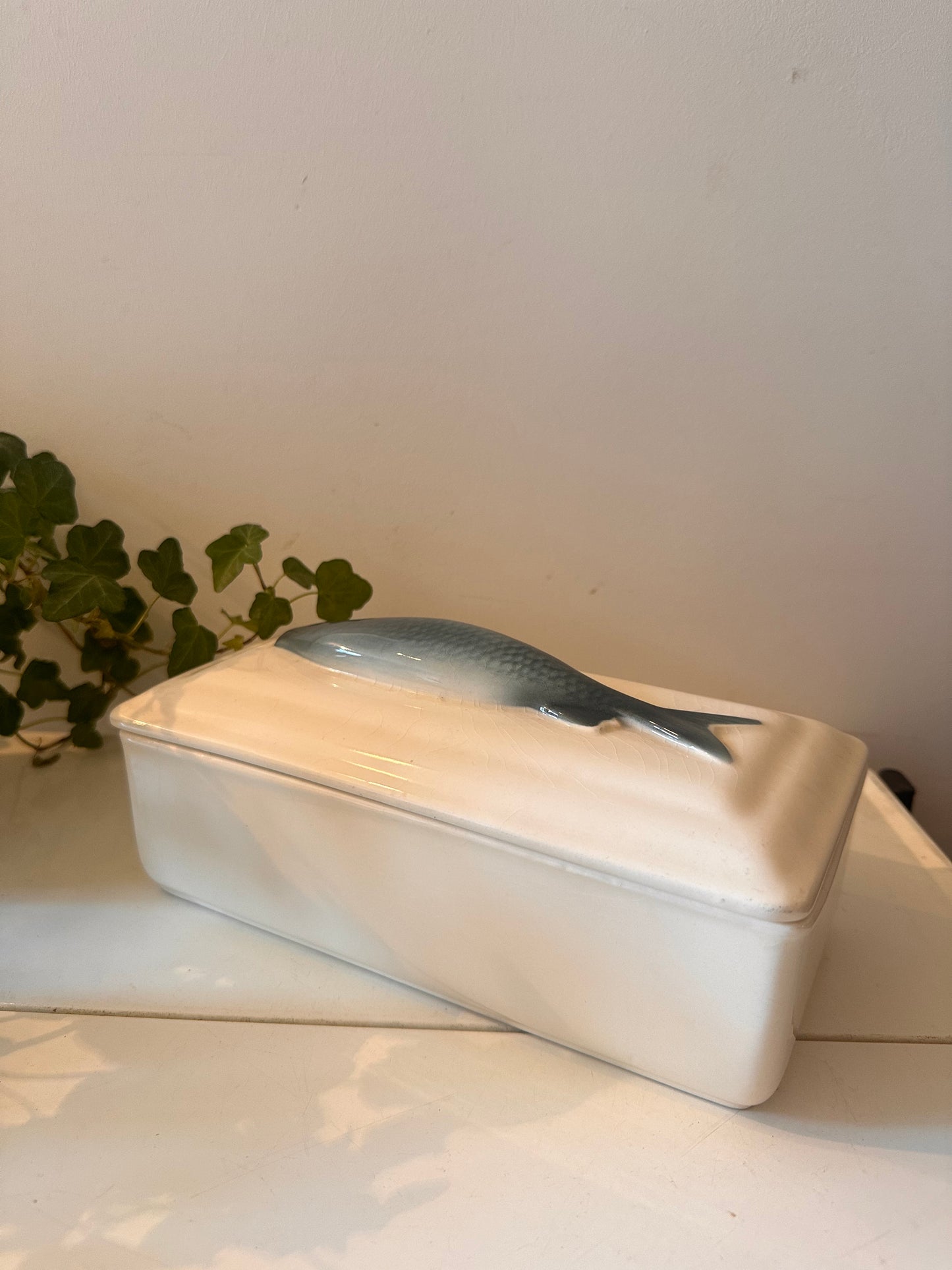 Porseleinen terrine met vis op de deksel