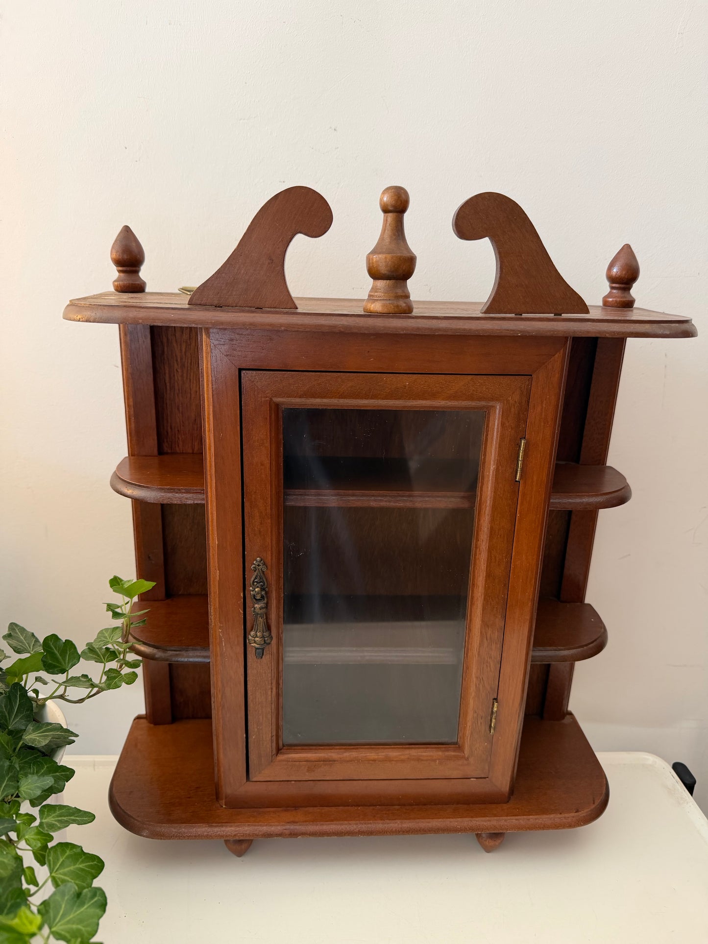 Houten wand vitrine kastje met glas