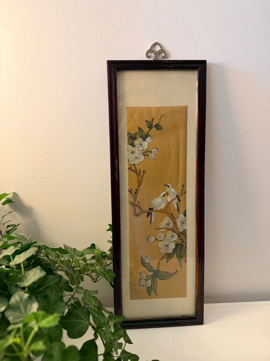 Oosterse prent met vogels en bloemen in houten lijst
