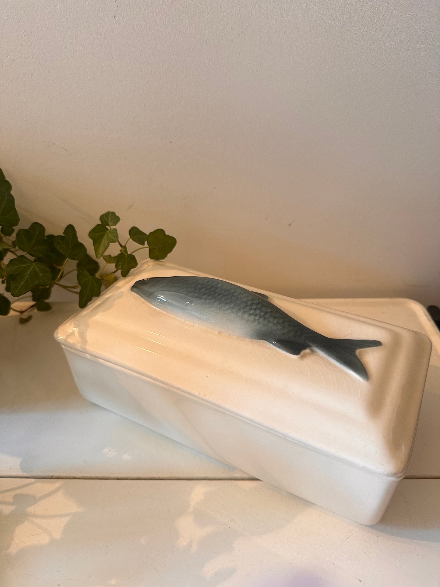 Porseleinen terrine met vis op de deksel