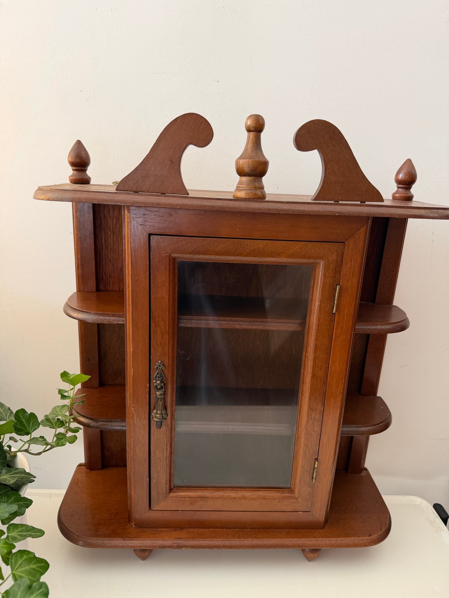 Houten wand vitrine kastje met glas