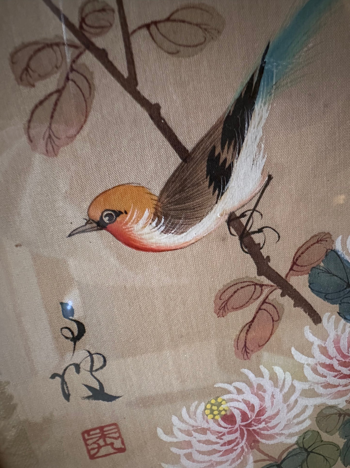 Japans schilderijtje met vogel en bloemen