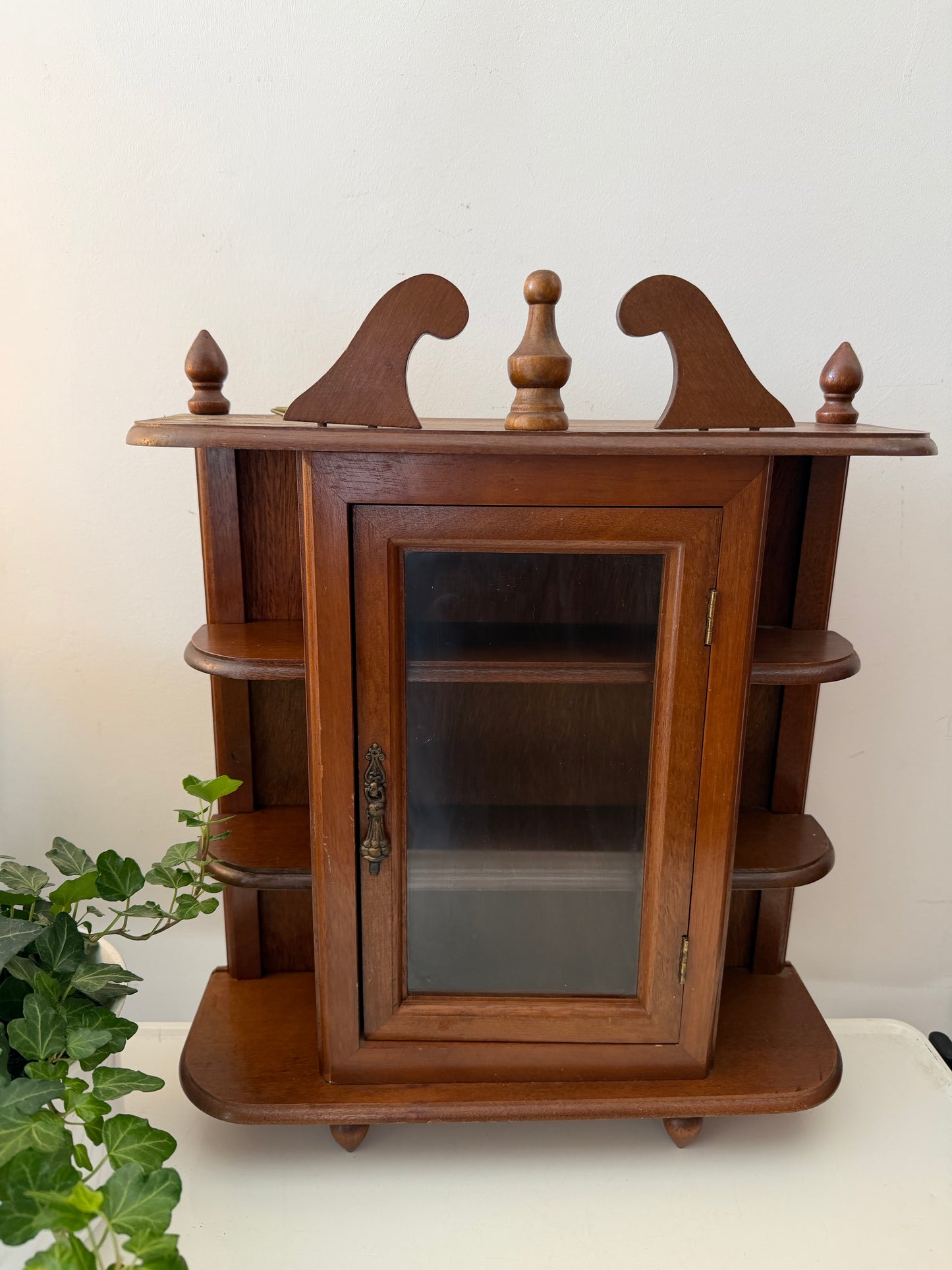 Houten wand vitrine kastje met glas