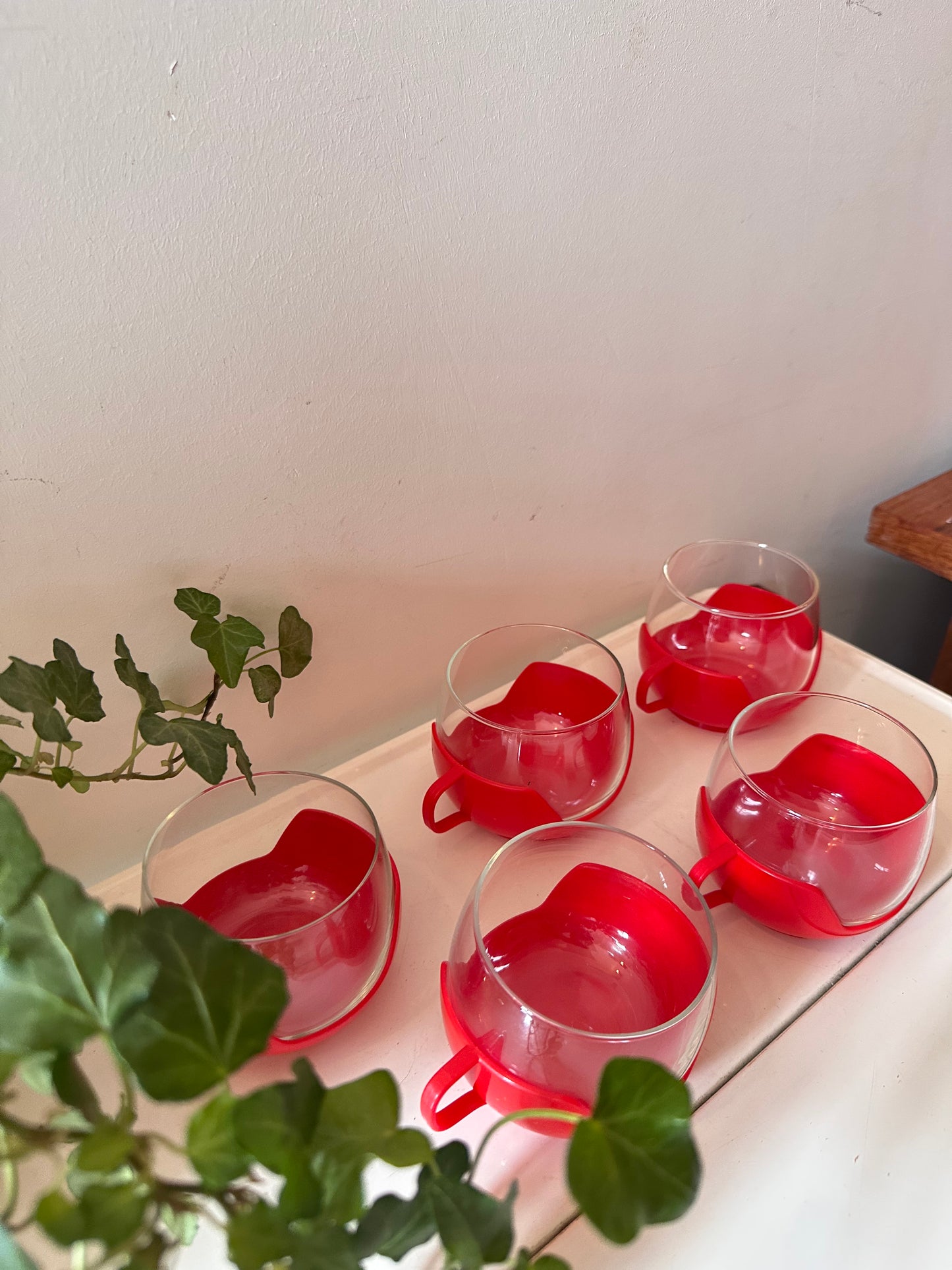 Set van 5 retro theeglazen in rode houder