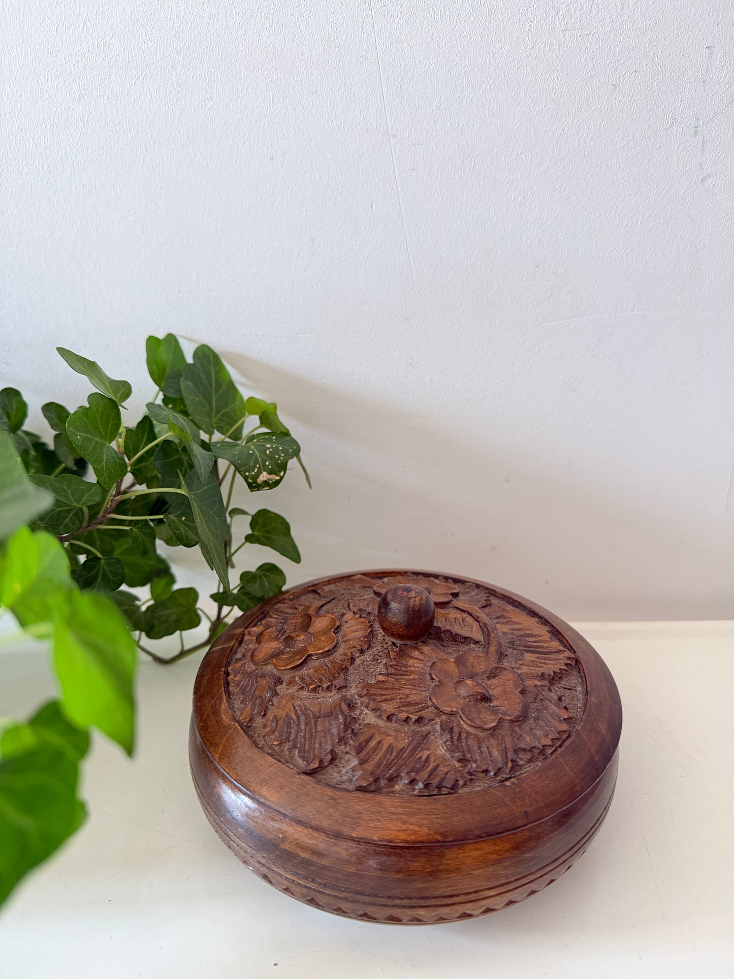 Houten vintage bewaardoosje rond