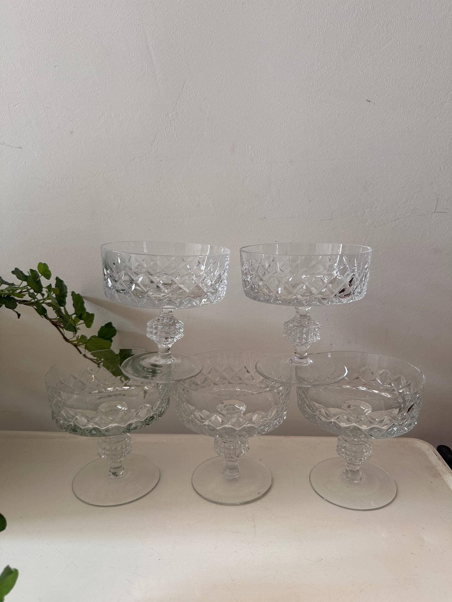 Set van 5 kristallen coupe champagne glazen