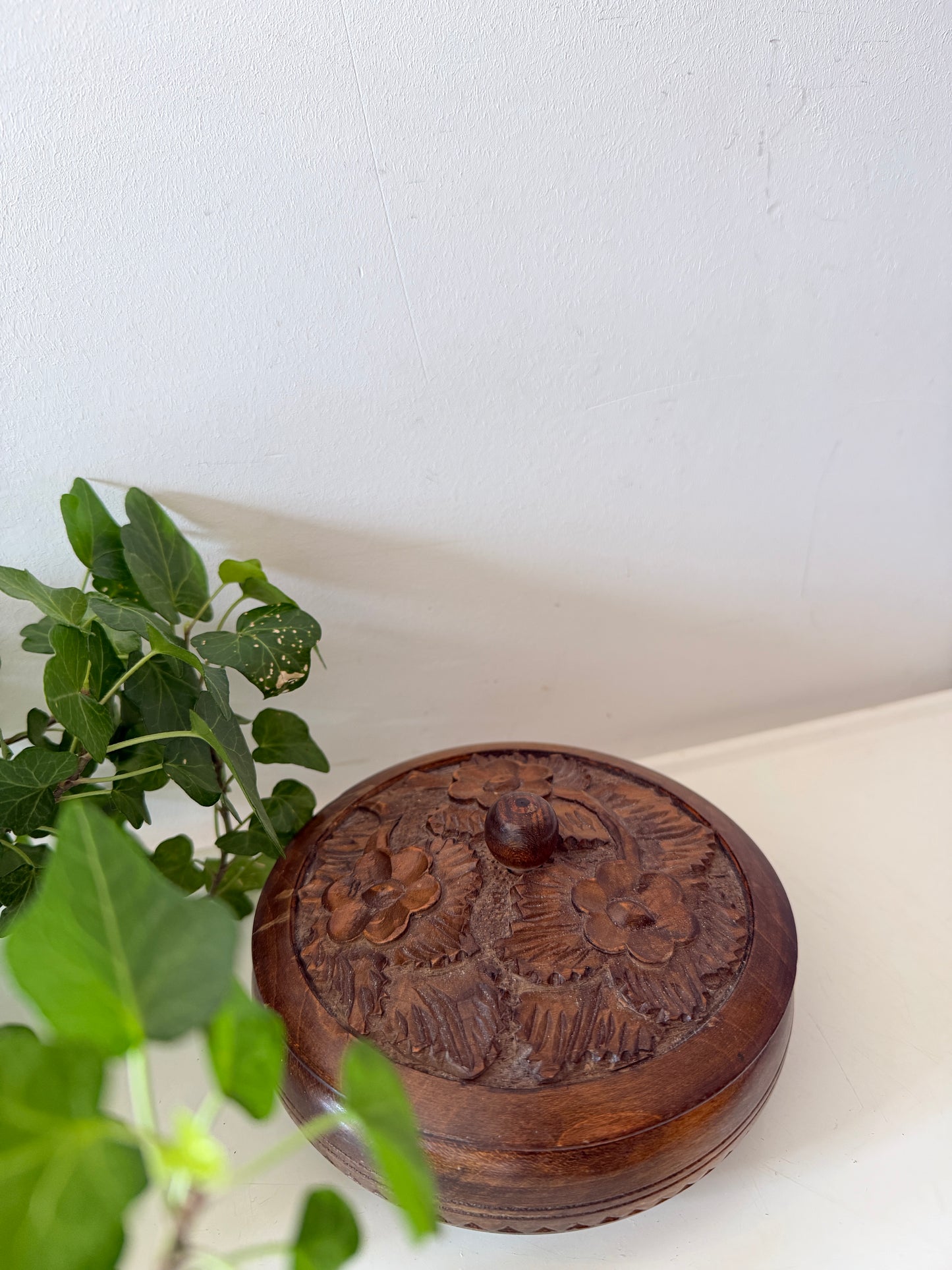 Houten vintage bewaardoosje rond