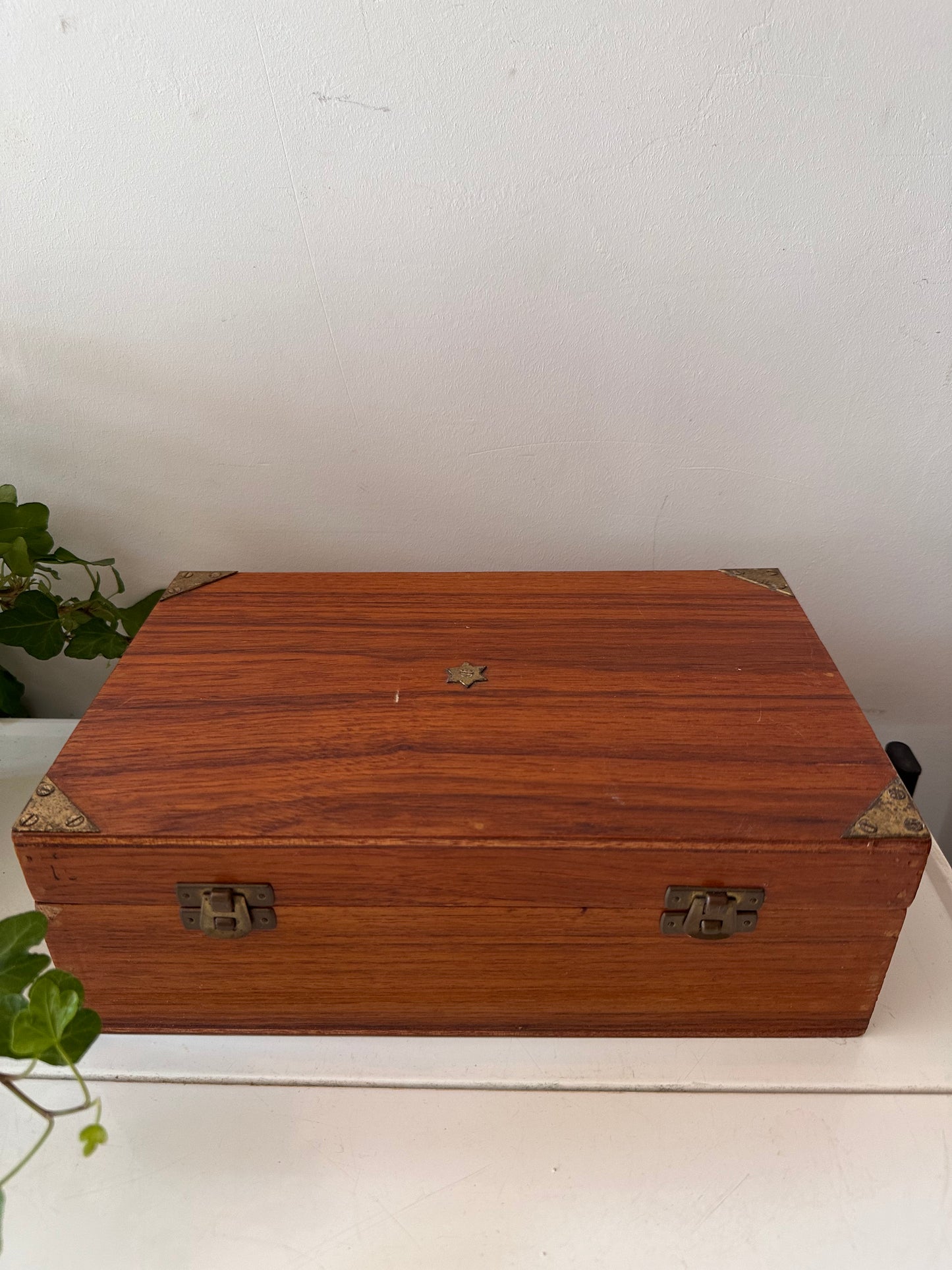 Houten bewaardoos met vakverdeling en messing beslag