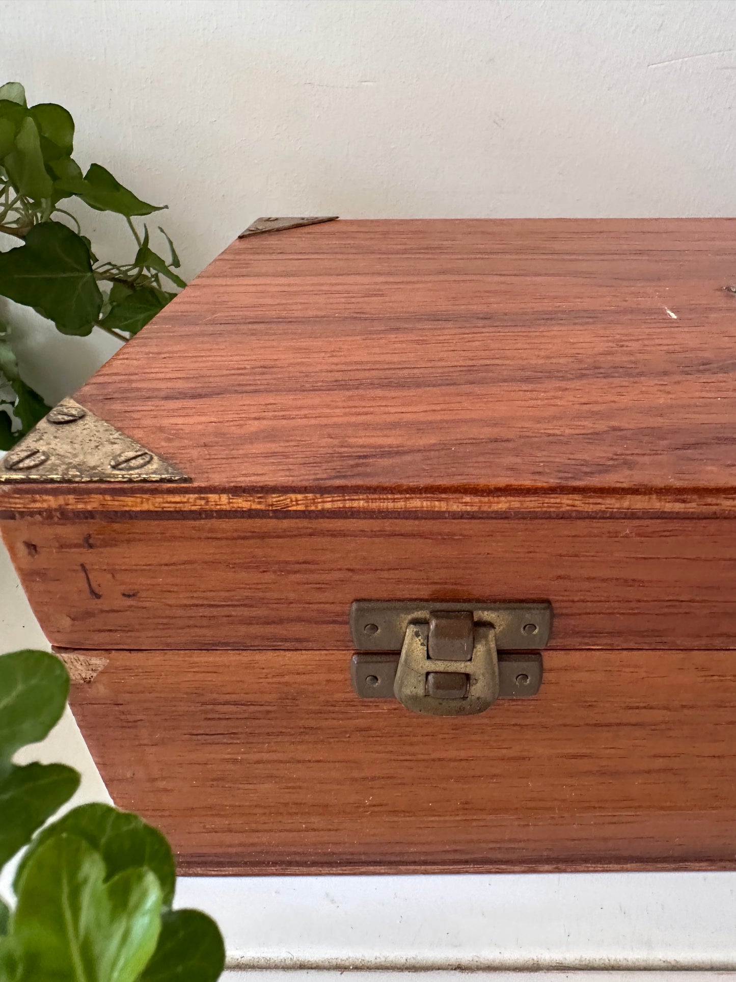 Houten bewaardoos met vakverdeling en messing beslag